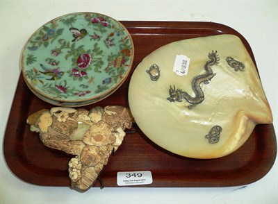 Lot 349 - Two Canton plates, mother of pearl and silver dish and mother of pearl figural plaque