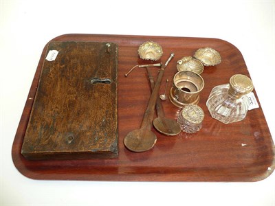 Lot 358 - A 17th century lock, two treen spoons, a silver topped scent bottle, silver salts etc