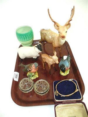 Lot 368 - A hunting horn stiff hinged bangle, a Beswick stag and fawn, a Beswick sheep and two birds, a...