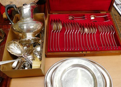 Lot 374 - Mahogany hinged canteen, plated flatware, trays, hot water jug etc