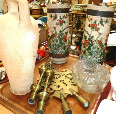 Lot 388 - A pair of Chinese crackle ware vases, two cut glass dishes, brasses etc