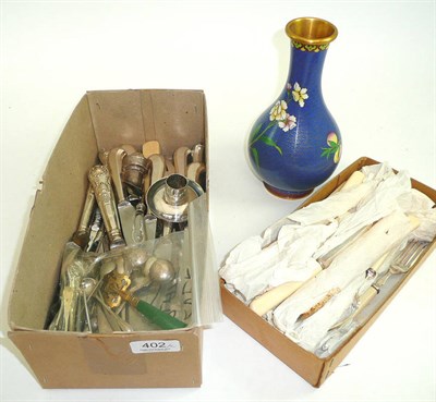 Lot 402 - A box of assorted silver plated ware and a cloisonne vase on stand