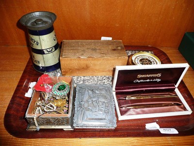 Lot 407 - Cased Schaeffer ink pen and biro, coins, costume jewellery, Cadbury's money box tin, chess set...