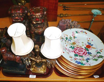 Lot 445 - A two branch lamp, five circular pictures in gilt frames, a famille rose plate etc