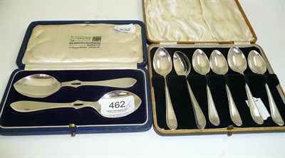 Lot 462 - A pair of Edward VIII silver honey spoons, Sheffield 1936, cased, and a set of six silver...