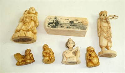 Lot 465 - Six ivory figures and an ivory box