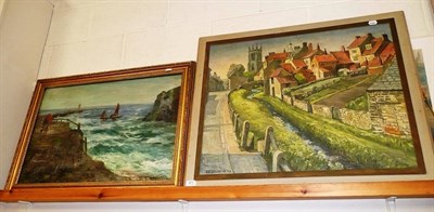 Lot 473 - G Ferguson, oil painting 'Seascape', a view of Helmsley by R R Bingham (1983), a folder of...