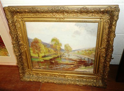 Lot 484 - G I Barlow, Upper Wharfedale river landscape with cows, oil on canvas, signed, 41cm by 51cm, in...