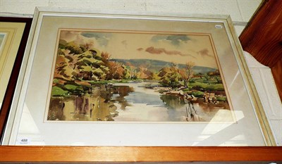 Lot 488 - Angus Rands watercolour, river landscape