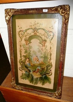 Lot 496 - Oil painting of figures on a swing, surrounded with a cartouche of flowers, possibly after...