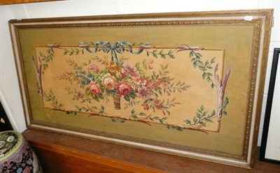 Lot 498 - Large decorative oil painting of a garland of flowers, with silk ribbon decoration