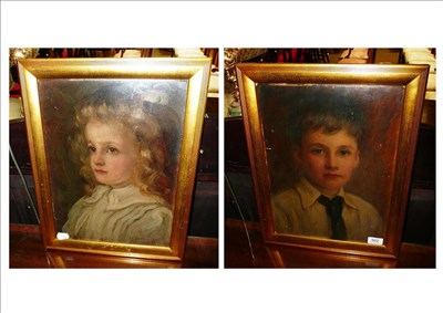 Lot 502 - J H Bentley, a pair of oils on canvas, portraits of a boy and girl, dated 1908, framed and glazed