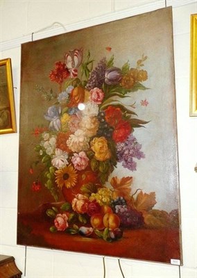 Lot 503 - Unframed oil on canvas of flowers in a stone urn, fruit in the foreground, follower of Gaspar...