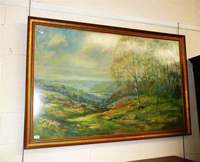 Lot 507 - J King Pugh, autumnal landscape with trees, oil on canvas, signed, 86cm by 140cm, in gilt frame