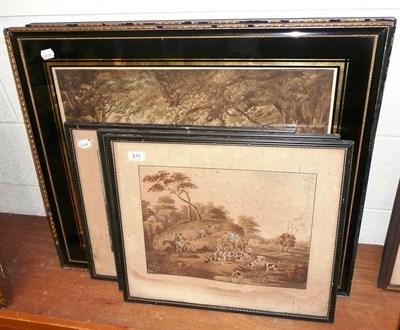 Lot 511 - Two framed engravings depicting farmyard scenes and three hunting engravings