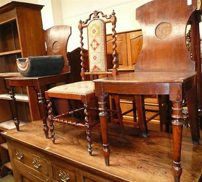 Lot 551 - A pair of mahogany hall chairs, another with needlework seat and a stool