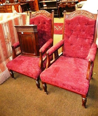 Lot 581 - A pair of Edwardian red upholstered armchairs with button backs and a small mahogany corner...