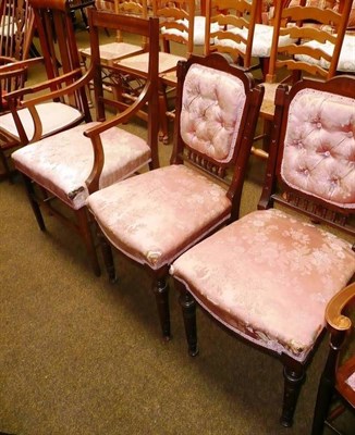 Lot 587 - A pair of Victorian inlaid mahogany salon chairs and an Edwardian mahogany elbow chair (3)