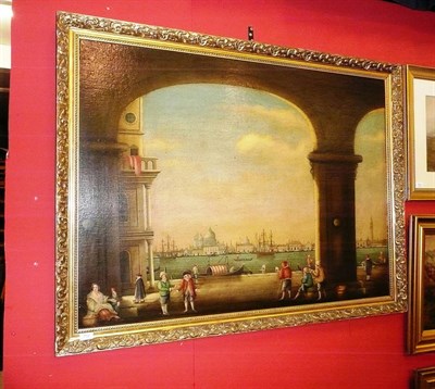 Lot 702 - A large decorative picture of a Venetian scene with figures in the foreground