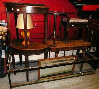 Lot 750 - Two mahogany D-end tables, a Victorian cast iron and brass single bed, piano stool, tripod...