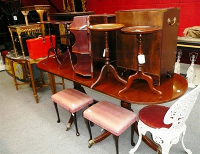 Lot 767 - Mahogany twin pedestal dining table, Singer sewing machine, wine tables, pair of stools, urn stand