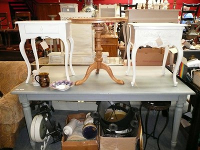 Lot 803 - Two bedside tables fitted one drawer, painted rectangular dining table and a flip top tripod table