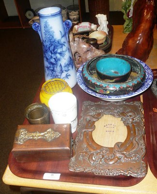 Lot 5 - A Spode blue and white bowl, cloisonne bowl, World War I medal, Chinese picture frame, etc on a...