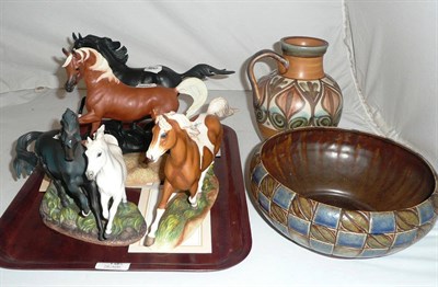 Lot 19 - Doulton bowl, four Franklin Mint figures of horses and a stoneware jug