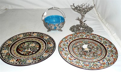 Lot 20 - A pair of Thoune plates, a plated small centrepiece and a plated sugar basket with turquoise...