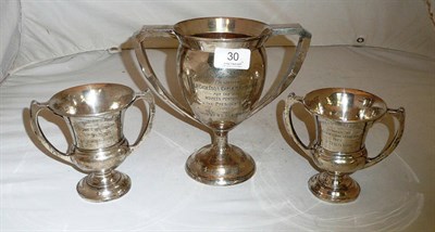 Lot 30 - Three silver twin-handled trophy cups.20oz