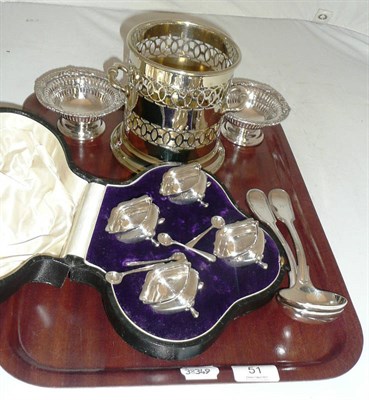 Lot 51 - A cased set of four silver salts and plated items