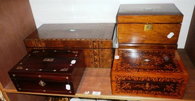 Lot 90 - Three Victorian walnut writing slopes, a rosewood sewing box and another (5)