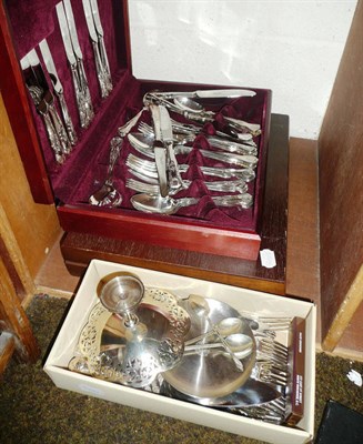 Lot 99 - Two canteens of kings pattern flatware, a small plated dish etc