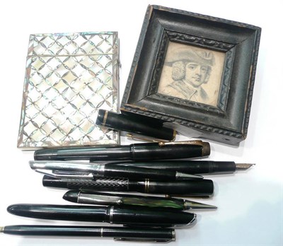 Lot 104 - Quantity of fountain pens, mother of pearl card case and a miniature portrait