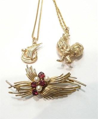 Lot 125 - A 9ct gold brooch, two necklaces with pendant charms