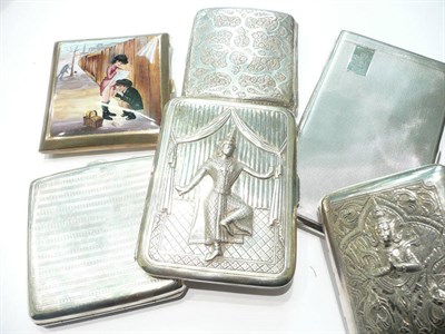 Lot 126 - Five silver cigarette cases and another with later enamelled decoration (6)