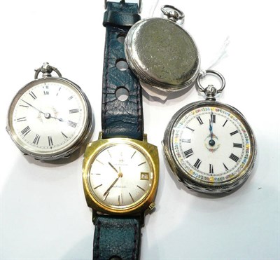 Lot 129 - Three silver fob watches, a watch back and keys and a Hamilton gentleman's watch