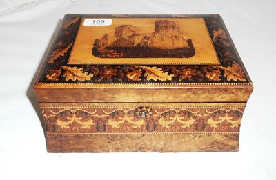 Lot 159 - A Tunbridgeware box, the hinged cover decorated with a castle ruins within an oak leaf border