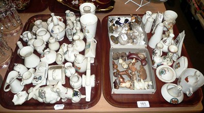 Lot 161 - Two trays of miniature crested ware, miniature animals, two silver ashtrays, miniature...