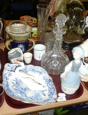 Lot 183 - A tray of ceramics and glass including a Royal Doulton stoneware tyg, a Lladro figure of a...