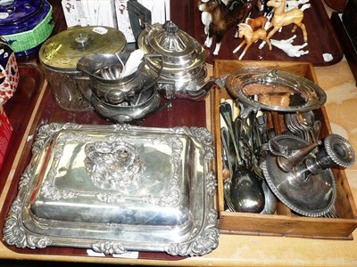 Lot 186 - Two trays of silver plate including an Old Sheffield Plate entree dish and cover, an Old...