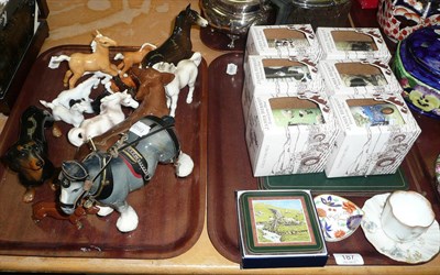 Lot 187 - Assorted Beswick and other animal figures, James Herriott mugs, etc on two trays