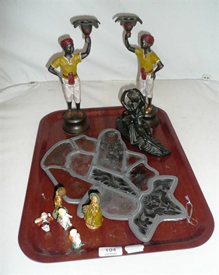 Lot 194 - A pair of blackamoor figural candlesticks, a leaded stained glass panel, Wade Jack and Jill etc