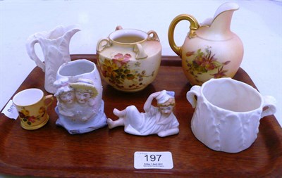 Lot 197 - A Royal Worcester blush ivory jug, pot and miniature mug, a Royal Worcester ivory leaf moulded...