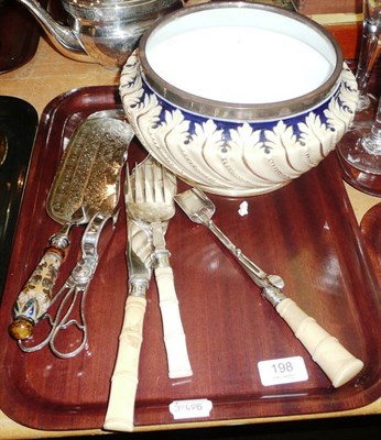 Lot 198 - An ivory handled fish slice and fork and matching stilton scoop, also a pair of snuffers and a...