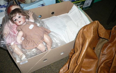 Lot 208 - Quantity of white linen, two dolls and a leather jacket