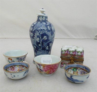 Lot 213 - Two Chinese famille rose teabowls, two Japanese wine cups, a Chinese vase (a.f.) and a Limoges box