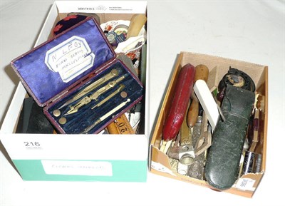 Lot 216 - Sewing items, cigar cutters, pen knives, folding rules etc