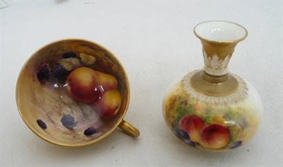 Lot 234 - A Royal Worcester small vase painted with fruit by Harry Ayrton and a Royal Worcester cup...