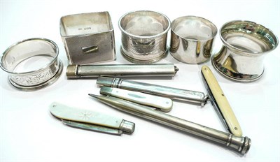 Lot 254 - Five silver napkin rings, two fruit knives etc